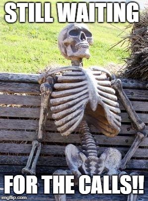 Waiting Skeleton | STILL WAITING; FOR THE CALLS!! | image tagged in memes,waiting skeleton | made w/ Imgflip meme maker