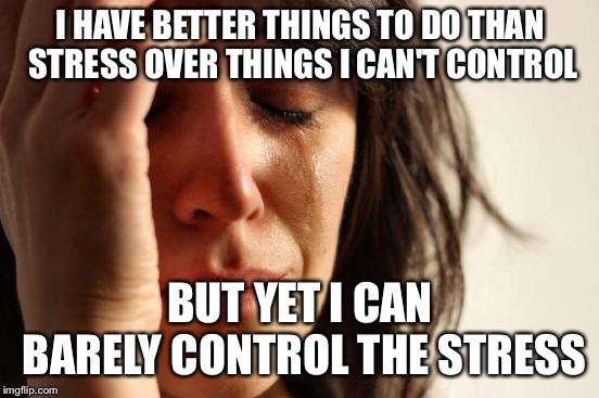 First World Problems | I HAVE BETTER THINGS TO DO THAN STRESS OVER THINGS I CAN'T CONTROL; BUT YET I CAN BARELY CONTROL THE STRESS | image tagged in memes,first world problems | made w/ Imgflip meme maker