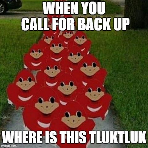 back up required | WHEN YOU CALL FOR BACK UP; WHERE IS THIS TLUKTLUK | image tagged in ugandan knuckles army | made w/ Imgflip meme maker
