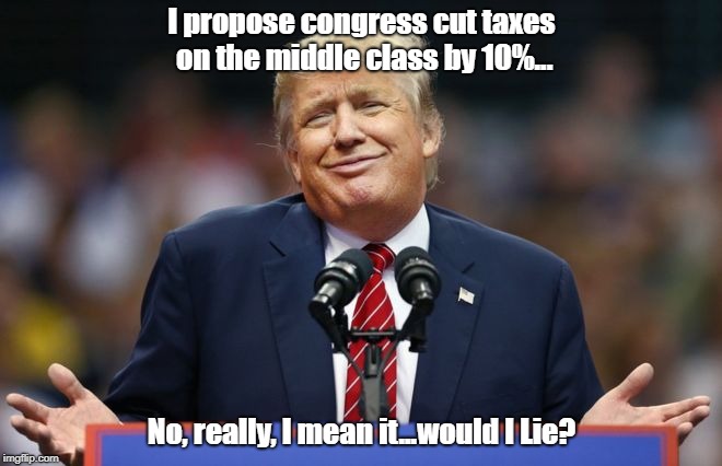 Constipated Trump | I propose congress cut taxes on the middle class by 10%... No, really, I mean it...would I Lie? | image tagged in constipated trump | made w/ Imgflip meme maker