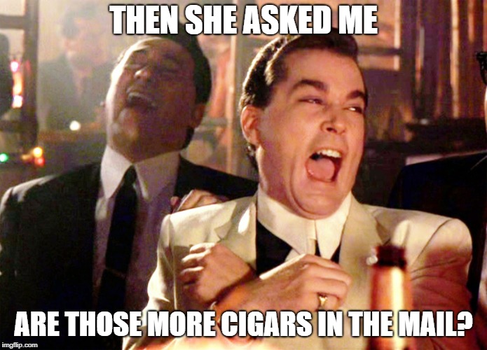 Good Fellas Hilarious Meme | THEN SHE ASKED ME; ARE THOSE MORE CIGARS IN THE MAIL? | image tagged in memes,good fellas hilarious | made w/ Imgflip meme maker