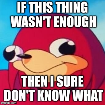 Ugandan Knuckles | IF THIS THING WASN'T ENOUGH THEN I SURE DON'T KNOW WHAT | image tagged in ugandan knuckles | made w/ Imgflip meme maker