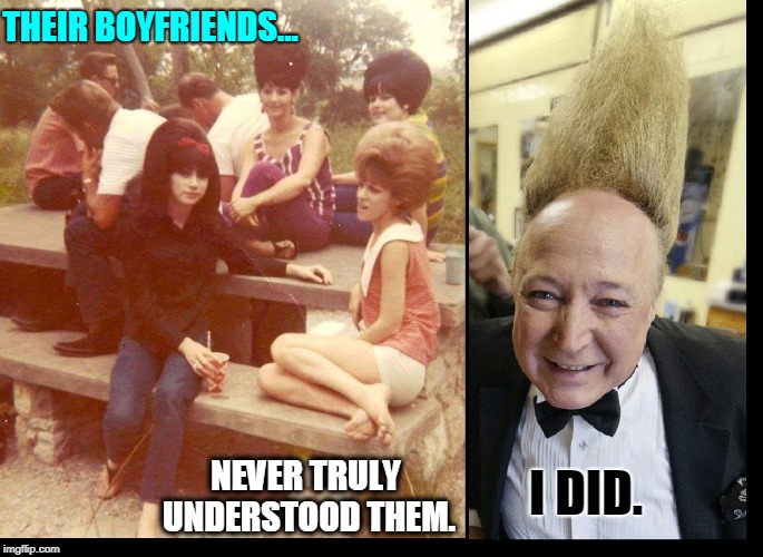 Long Ago in a Time when Hair was King | THEIR BOYFRIENDS... I DID. NEVER TRULY UNDERSTOOD THEM. | image tagged in vince vance,tall hair dude,girls with big hair,the 60s,understanding women,1960's | made w/ Imgflip meme maker