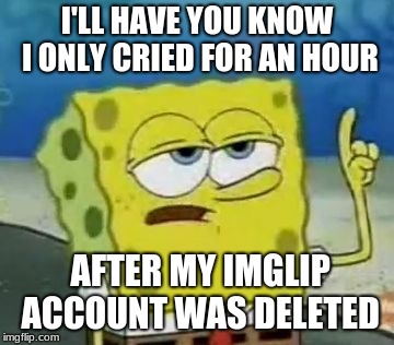 I'll Have You Know Spongebob Meme | I'LL HAVE YOU KNOW I ONLY CRIED FOR AN HOUR; AFTER MY IMGLIP ACCOUNT WAS DELETED | image tagged in memes,ill have you know spongebob | made w/ Imgflip meme maker