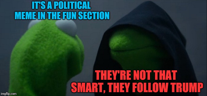 Evil Kermit Meme | IT'S A POLITICAL MEME IN THE FUN SECTION THEY'RE NOT THAT SMART, THEY FOLLOW TRUMP | image tagged in memes,evil kermit | made w/ Imgflip meme maker