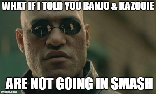 Matrix Morpheus | WHAT IF I TOLD YOU BANJO & KAZOOIE; ARE NOT GOING IN SMASH | image tagged in memes,matrix morpheus | made w/ Imgflip meme maker