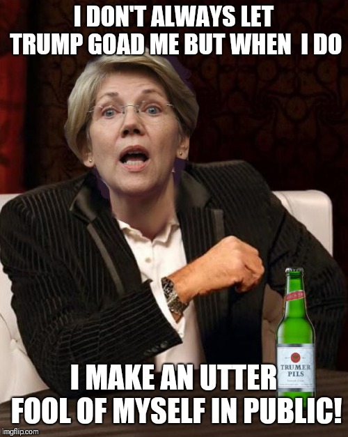 Elizabeth Warren I Don't Always | I DON'T ALWAYS LET TRUMP GOAD ME BUT WHEN  I DO; I MAKE AN UTTER FOOL OF MYSELF IN PUBLIC! | image tagged in elizabeth warren i don't always | made w/ Imgflip meme maker