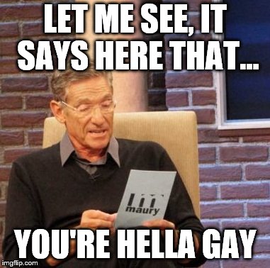 Maury Lie Detector | LET ME SEE, IT SAYS HERE THAT... YOU'RE HELLA GAY | image tagged in memes,maury lie detector | made w/ Imgflip meme maker