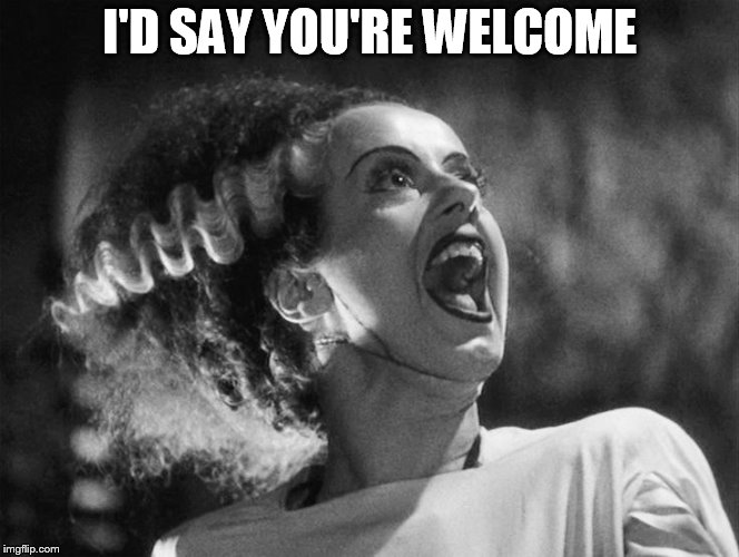 The Bride of Frankenstein | I'D SAY YOU'RE WELCOME | image tagged in the bride of frankenstein | made w/ Imgflip meme maker