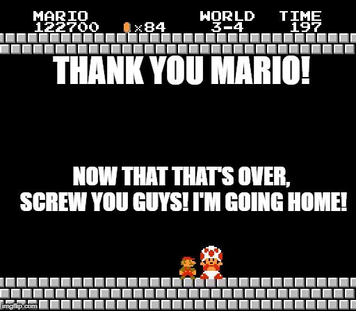 screw you guys, I'm going home | THANK YOU MARIO! NOW THAT THAT'S OVER, SCREW YOU GUYS! I'M GOING HOME! | image tagged in memes,thank you mario,screw you guys i'm going home | made w/ Imgflip meme maker