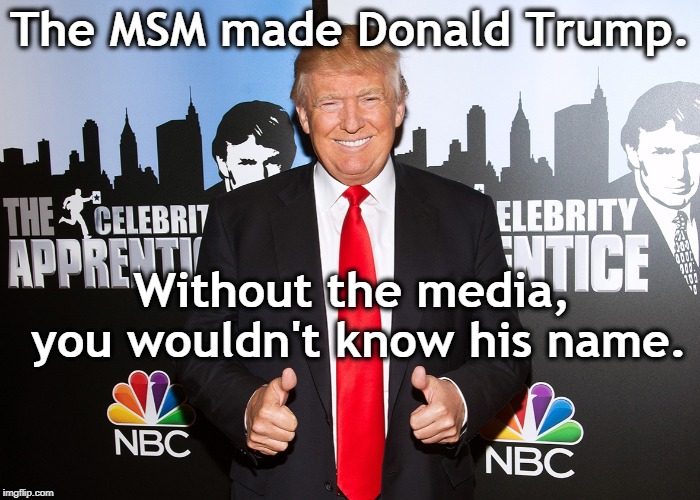 The MSM made Donald Trump. Without the media, you wouldn't know his name. | image tagged in media,trump,msm,the apprentice | made w/ Imgflip meme maker