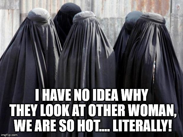 Are they voting? | I HAVE NO IDEA WHY THEY LOOK AT OTHER WOMAN, WE ARE SO HOT.... LITERALLY! | image tagged in burkas,memes,funny,muslims,hot girl,play on words | made w/ Imgflip meme maker