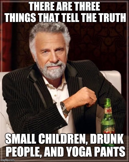 The Most Interesting Man In The World |  THERE ARE THREE THINGS THAT TELL THE TRUTH; SMALL CHILDREN, DRUNK PEOPLE, AND YOGA PANTS | image tagged in memes,the most interesting man in the world | made w/ Imgflip meme maker
