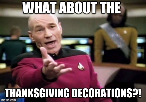 Picard Wtf Meme | WHAT ABOUT THE THANKSGIVING DECORATIONS?! | image tagged in memes,picard wtf | made w/ Imgflip meme maker