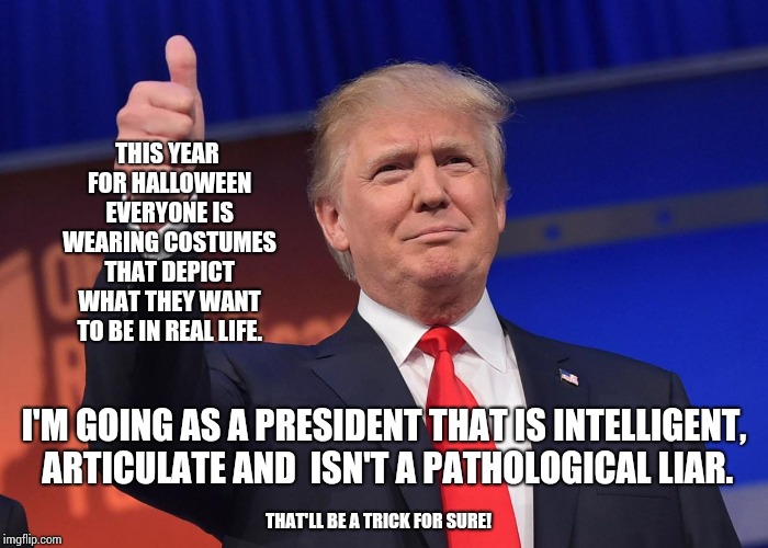 If Only He Wasn't Such An Idiot | THIS YEAR FOR HALLOWEEN EVERYONE IS WEARING COSTUMES THAT DEPICT WHAT THEY WANT TO BE IN REAL LIFE. I'M GOING AS A PRESIDENT THAT IS INTELLIGENT, ARTICULATE AND  ISN'T A PATHOLOGICAL LIAR. THAT'LL BE A TRICK FOR SURE! | image tagged in donald trump,trump traitor,donald trump is an idiot,scary clown,memes,meme | made w/ Imgflip meme maker