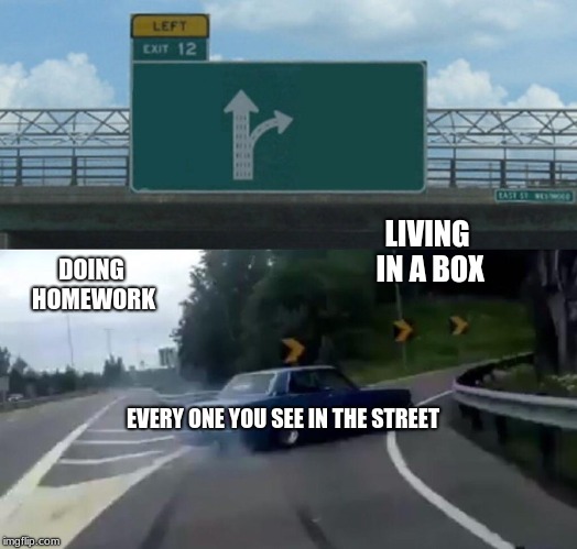 Left Exit 12 Off Ramp Meme | LIVING IN A BOX; DOING HOMEWORK; EVERY ONE YOU SEE IN THE STREET | image tagged in memes,left exit 12 off ramp | made w/ Imgflip meme maker