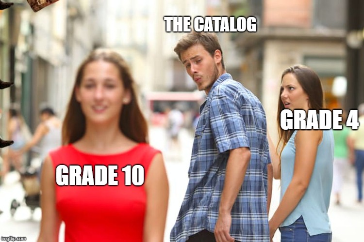 Distracted Boyfriend Meme | THE CATALOG; GRADE 4; GRADE 10 | image tagged in memes,distracted boyfriend,scumbag | made w/ Imgflip meme maker