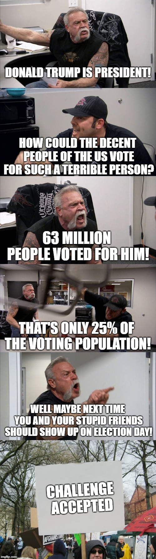 November 6th.  Vote. | DONALD TRUMP IS PRESIDENT! HOW COULD THE DECENT PEOPLE OF THE US VOTE FOR SUCH A TERRIBLE PERSON? 63 MILLION PEOPLE VOTED FOR HIM! THAT'S ONLY 25% OF THE VOTING POPULATION! WELL MAYBE NEXT TIME YOU AND YOUR STUPID FRIENDS SHOULD SHOW UP ON ELECTION DAY! CHALLENGE ACCEPTED | image tagged in vote | made w/ Imgflip meme maker