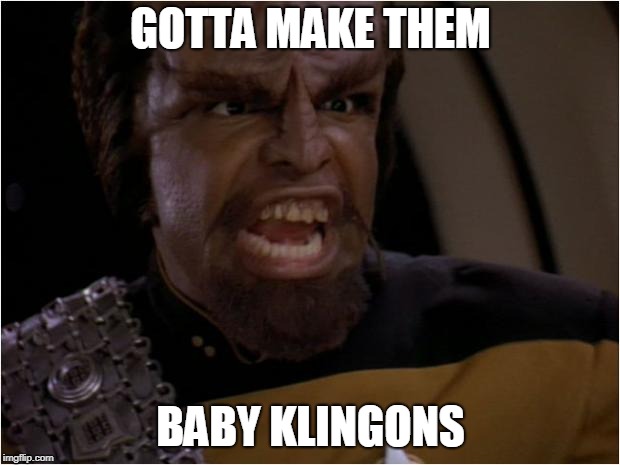 Worf Yelling | GOTTA MAKE THEM BABY KLINGONS | image tagged in worf yelling | made w/ Imgflip meme maker