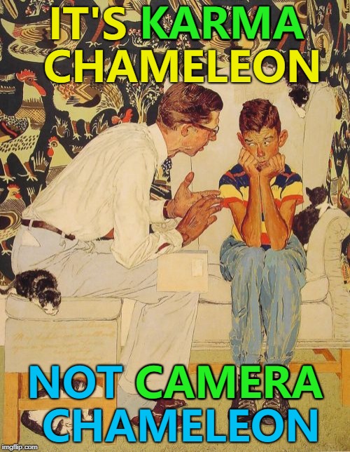 The laughter will come... And go... :) | KARMA; IT'S KARMA CHAMELEON; CAMERA; NOT CAMERA CHAMELEON | image tagged in memes,the probelm is,the problem is,culture club,music,80s | made w/ Imgflip meme maker