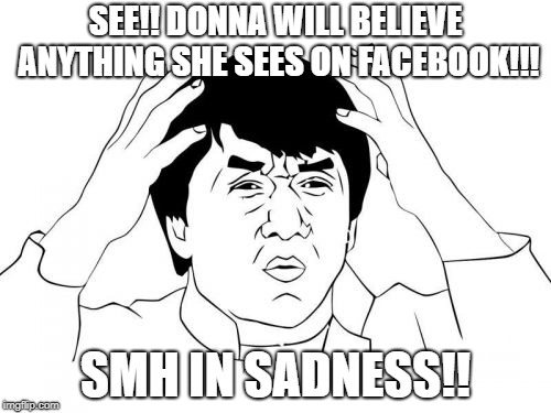 Jackie Chan WTF | SEE!! DONNA WILL BELIEVE ANYTHING SHE SEES ON FACEBOOK!!! SMH IN SADNESS!! | image tagged in memes,jackie chan wtf | made w/ Imgflip meme maker