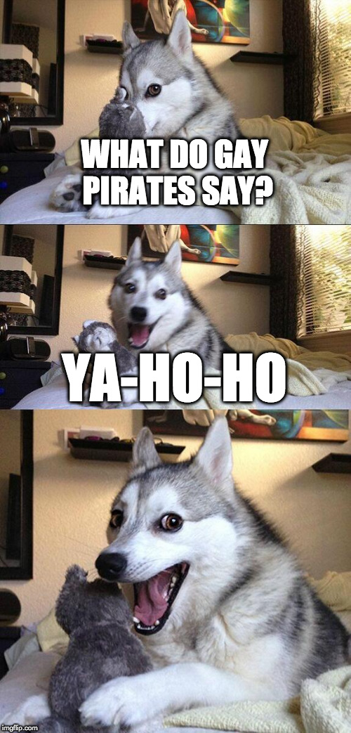 If Jack Sparrow was gay | WHAT DO GAY PIRATES SAY? YA-HO-HO | image tagged in memes,bad pun dog,gay,pirates,pirates of the carribean,puns | made w/ Imgflip meme maker