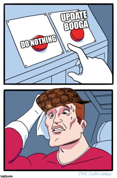 Two Buttons Meme | UPDATE BOOGA; DO NOTHING | image tagged in memes,two buttons,scumbag | made w/ Imgflip meme maker