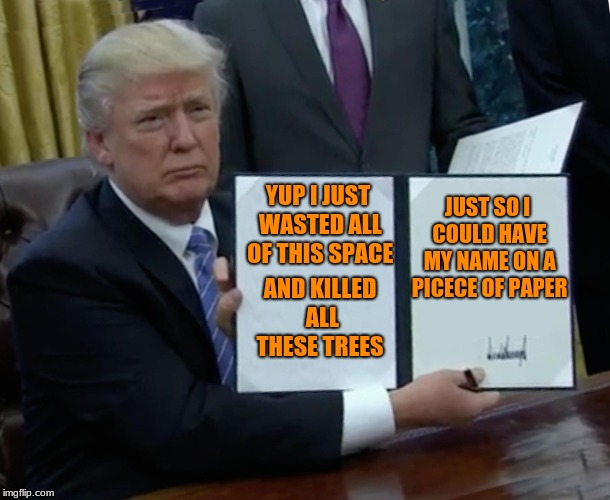 Trump Bill Signing | YUP I JUST WASTED ALL OF THIS SPACE; JUST SO I COULD HAVE MY NAME ON A PICECE OF PAPER; AND KILLED ALL THESE TREES | image tagged in memes,trump bill signing | made w/ Imgflip meme maker