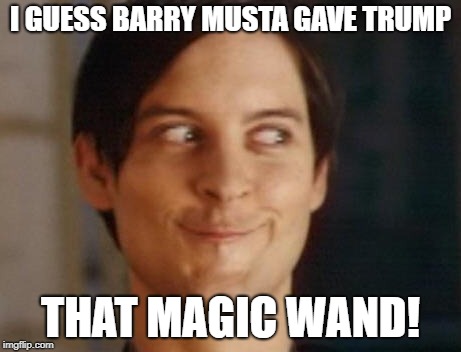 Spiderman Peter Parker Meme | I GUESS BARRY MUSTA GAVE TRUMP THAT MAGIC WAND! | image tagged in memes,spiderman peter parker | made w/ Imgflip meme maker