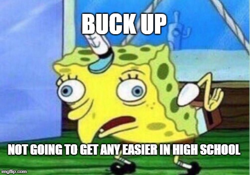 Mocking Spongebob Meme | BUCK UP NOT GOING TO GET ANY EASIER IN HIGH SCHOOL | image tagged in memes,mocking spongebob | made w/ Imgflip meme maker