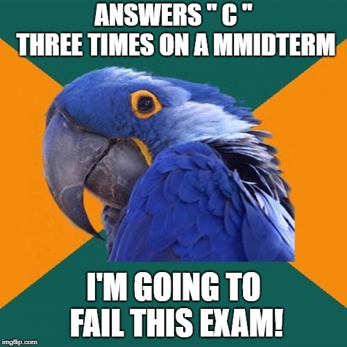 Paranoid Parrot Meme | ANSWERS " C " THREE TIMES ON A MMIDTERM; I'M GOING TO FAIL THIS EXAM! | image tagged in memes,paranoid parrot | made w/ Imgflip meme maker