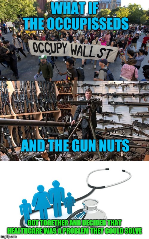 The next revolution may not be bloodless | WHAT IF THE OCCUPISSEDS; AND THE GUN NUTS; GOT TOGETHER AND DECIDED THAT HEALTHCARE WAS A PROBLEM THEY COULD SOLVE | image tagged in healthcare | made w/ Imgflip meme maker