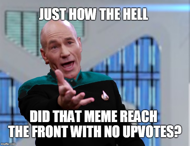 Picard WTH | JUST HOW THE HELL DID THAT MEME REACH THE FRONT WITH NO UPVOTES? | image tagged in picard wth | made w/ Imgflip meme maker
