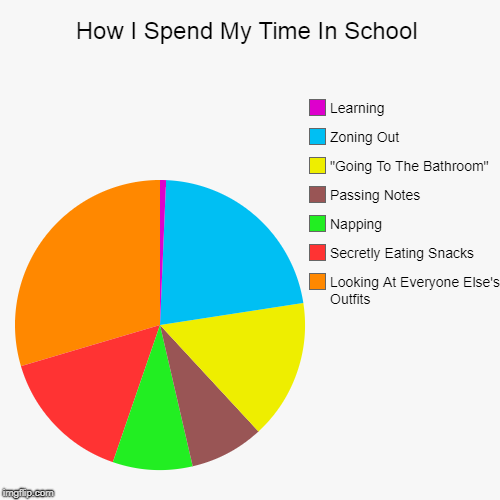 How I Spend My Time In School | Looking At Everyone Else's Outfits, Secretly Eating Snacks, Napping, Passing Notes, "Going To The Bathroom", | image tagged in funny,pie charts | made w/ Imgflip chart maker