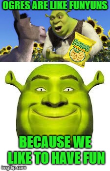 See what I did there?  | OGRES ARE LIKE FUNYUNS; BECAUSE WE LIKE TO HAVE FUN | image tagged in memes,shrek,funyuns | made w/ Imgflip meme maker