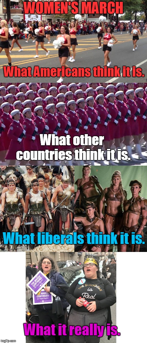 The Struggle... is Real. | WOMEN'S MARCH; What Americans think it is. What other countries think it is. What liberals think it is. What it really is. | image tagged in women's march,world perspective | made w/ Imgflip meme maker