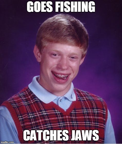Bad Luck Brian Meme | GOES FISHING; CATCHES JAWS | image tagged in memes,bad luck brian | made w/ Imgflip meme maker
