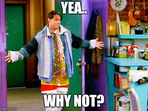 Joey clothes | YEA.. WHY NOT? | image tagged in joey clothes | made w/ Imgflip meme maker