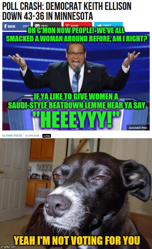Allah-hu Smackhard |  OH C'MON NOW PEOPLE!  WE'VE ALL SMACKED A WOMAN AROUND BEFORE, AM I RIGHT? IF YA LIKE TO GIVE WOMEN A SAUDI-STYLE BEATDOWN LEMME HEAR YA SAY; "HEEEYYY!"; YEAH I'M NOT VOTING FOR YOU | image tagged in keith ellison,phunny,theelliot,political,democrats,memes | made w/ Imgflip meme maker