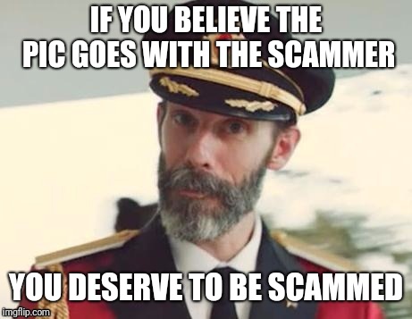  Captain obvious | IF YOU BELIEVE THE PIC GOES WITH THE SCAMMER YOU DESERVE TO BE SCAMMED | image tagged in captain obvious | made w/ Imgflip meme maker