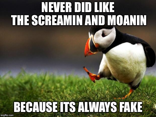 Unpopular Opinion Puffin | NEVER DID LIKE THE SCREAMIN AND MOANIN; BECAUSE ITS ALWAYS FAKE | image tagged in unpopular opinion puffin | made w/ Imgflip meme maker