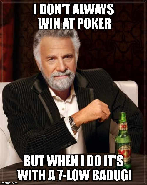 The Most Interesting Man In The World Meme | I DON'T ALWAYS WIN AT POKER BUT WHEN I DO IT'S WITH A 7-LOW BADUGI | image tagged in memes,the most interesting man in the world | made w/ Imgflip meme maker