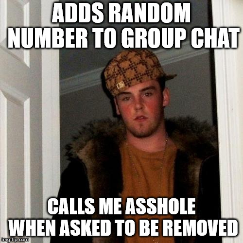Scumbag Steve | ADDS RANDOM NUMBER TO GROUP CHAT; CALLS ME ASSHOLE WHEN ASKED TO BE REMOVED | image tagged in memes,scumbag steve,AdviceAnimals | made w/ Imgflip meme maker
