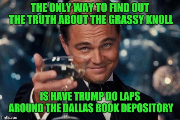 Leonardo Dicaprio Cheers Meme | THE ONLY WAY TO FIND OUT THE TRUTH ABOUT THE GRASSY KNOLL IS HAVE TRUMP DO LAPS AROUND THE DALLAS BOOK DEPOSITORY | image tagged in memes,leonardo dicaprio cheers | made w/ Imgflip meme maker