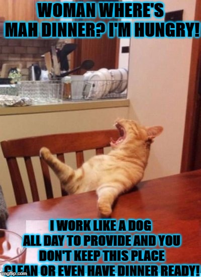 DINNER | WOMAN WHERE'S MAH DINNER? I'M HUNGRY! I WORK LIKE A DOG ALL DAY TO PROVIDE AND YOU DON'T KEEP THIS PLACE CLEAN OR EVEN HAVE DINNER READY! | image tagged in dinner | made w/ Imgflip meme maker