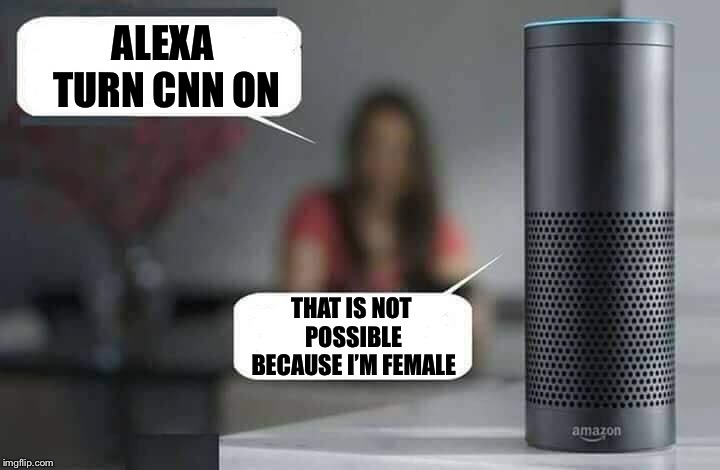 Alexa do X | ALEXA TURN CNN ON THAT IS NOT POSSIBLE BECAUSE I’M FEMALE | image tagged in alexa do x | made w/ Imgflip meme maker