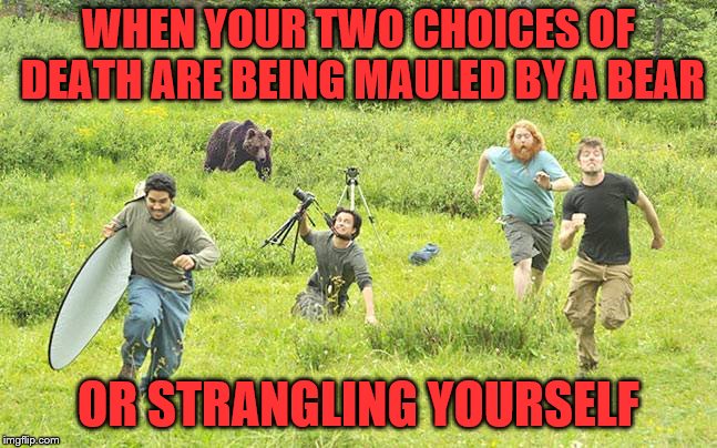 WHEN YOUR TWO CHOICES OF DEATH ARE BEING MAULED BY A BEAR OR STRANGLING YOURSELF | made w/ Imgflip meme maker