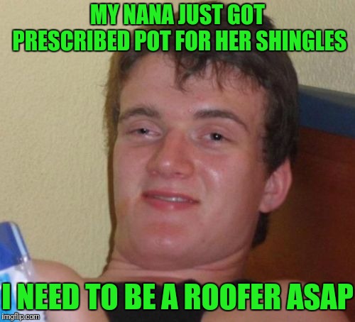 10 Guy | MY NANA JUST GOT PRESCRIBED POT FOR HER SHINGLES; I NEED TO BE A ROOFER ASAP | image tagged in memes,10 guy | made w/ Imgflip meme maker