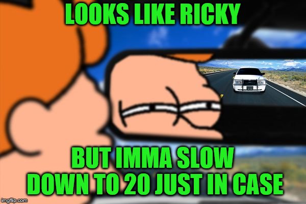 Fry Not Sure Car Version | LOOKS LIKE RICKY BUT IMMA SLOW DOWN TO 20 JUST IN CASE | image tagged in fry not sure car version | made w/ Imgflip meme maker