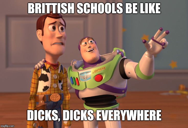 X, X Everywhere Meme | BRITTISH SCHOOLS BE LIKE; DICKS, DICKS EVERYWHERE | image tagged in memes,x x everywhere | made w/ Imgflip meme maker